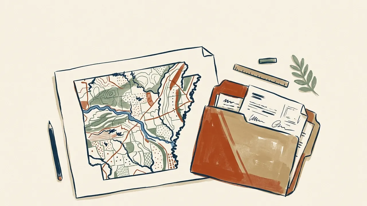 Un mapa esquemático de Arkansas con un río junto a una carpeta con documentos.