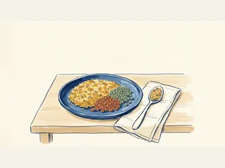 Plato azul con arroz dorado, zanahoria y guisantes, acompañado de una cuchara sobre un paño.