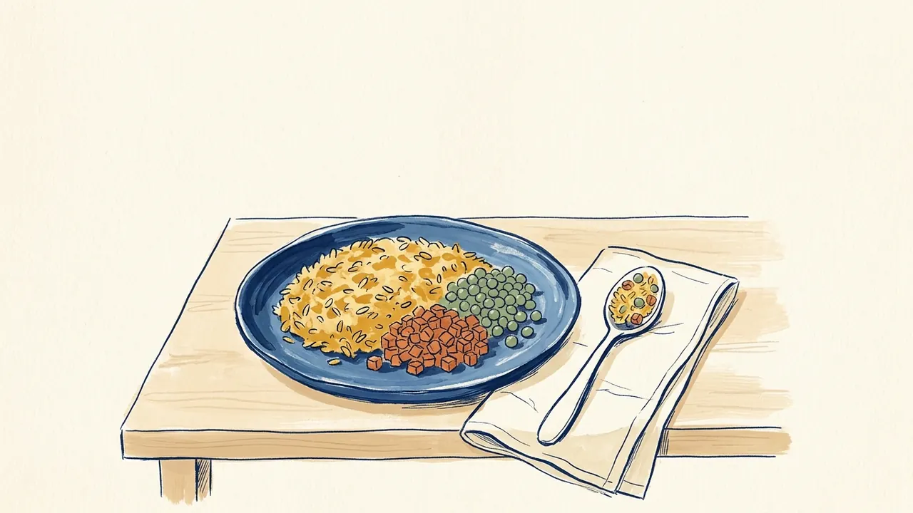 Plato azul con arroz dorado, zanahoria y guisantes, acompañado de una cuchara sobre un paño.
