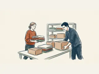 Dos adultos organizan mantas dobladas y cajas sin etiquetas en una sala comunitaria.