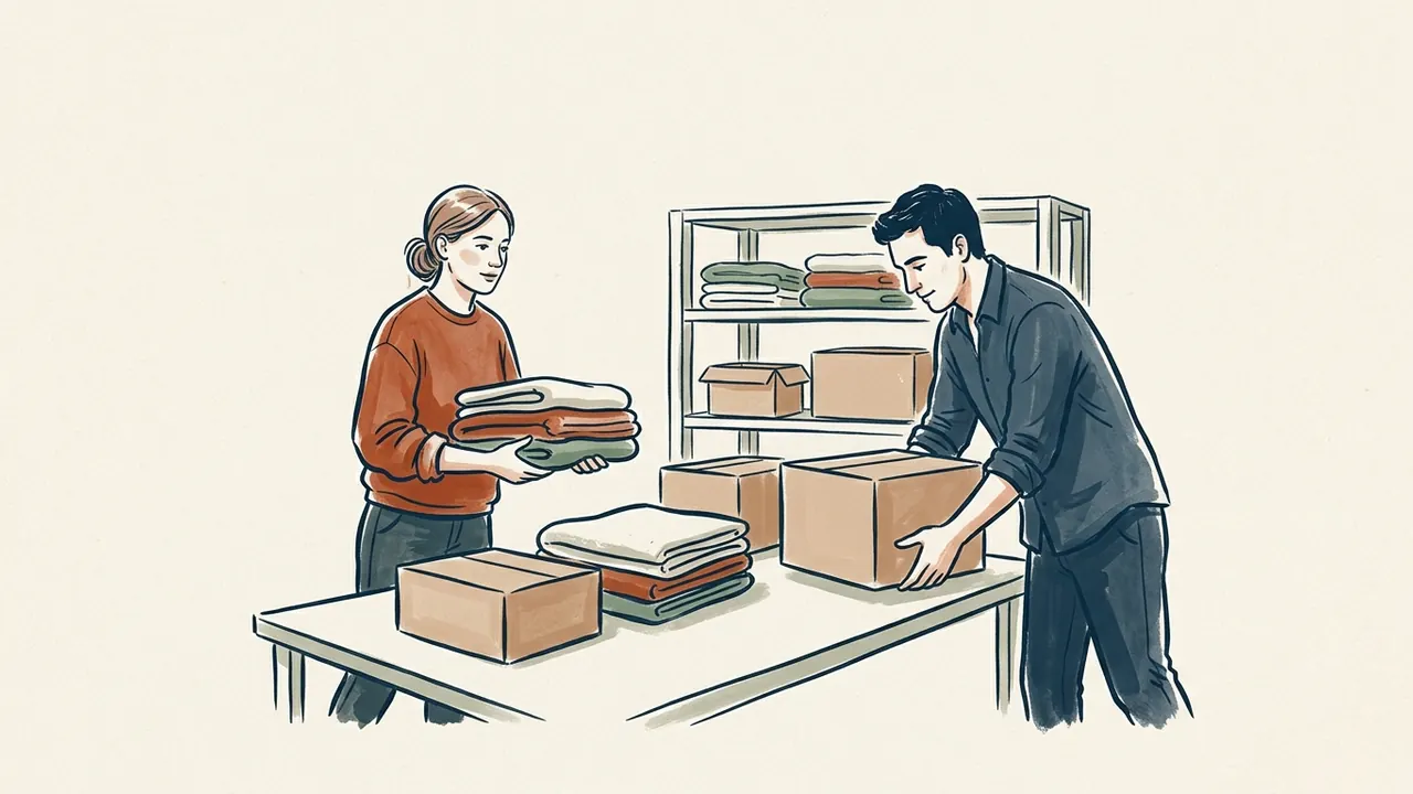 Dos adultos organizan mantas dobladas y cajas sin etiquetas en una sala comunitaria.