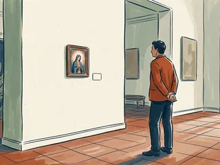 Una persona contempla una pequeña pintura religiosa imaginaria de una figura femenina vestida de azul.