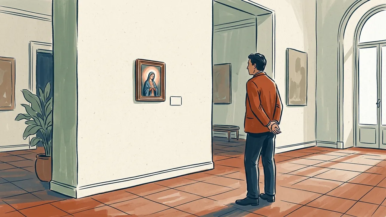 Una persona contempla una pequeña pintura religiosa imaginaria de una figura femenina vestida de azul.