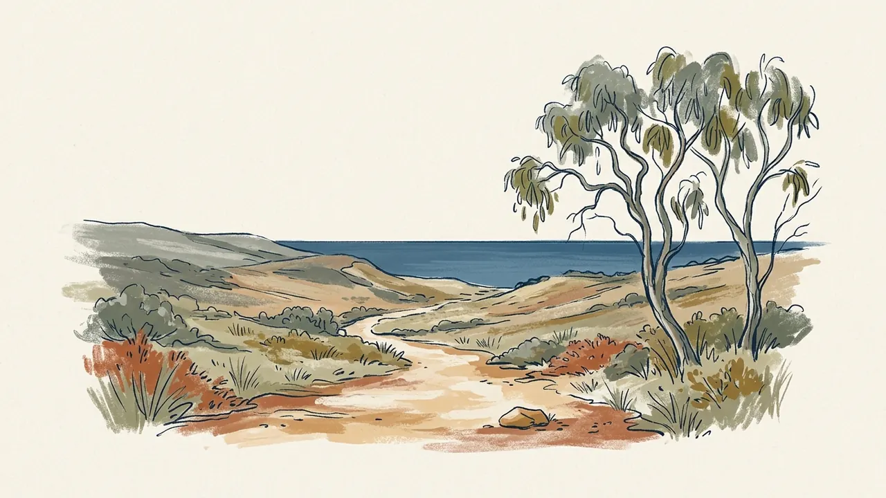 Sendero entre eucaliptos y matorrales que conduce hacia una costa australiana imaginada.