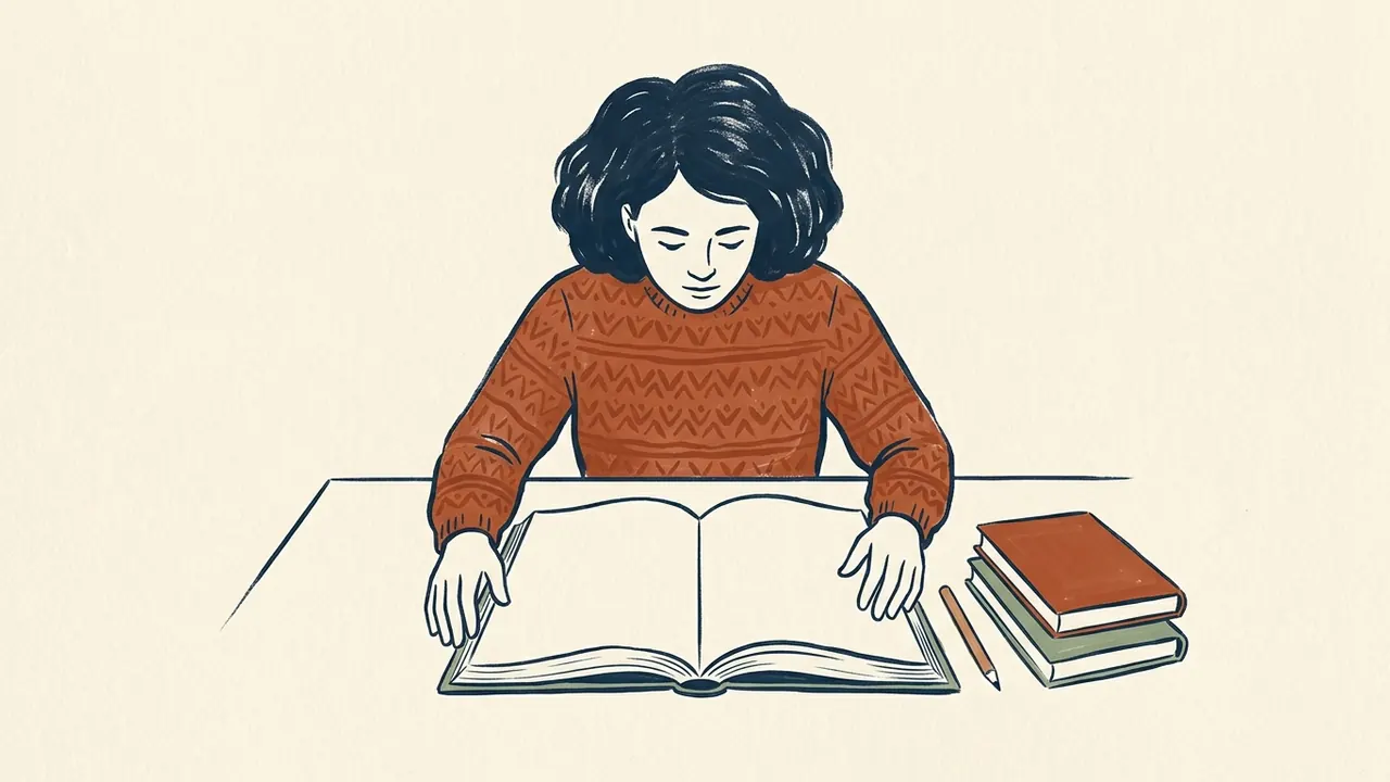 Persona leyendo un libro abierto junto a dos libros cerrados sobre una mesa.