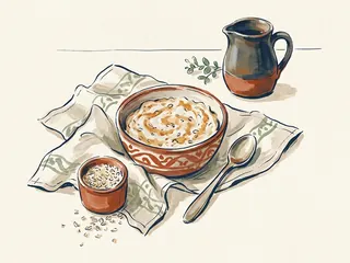 Cuenco de gachas de avena con una cuchara y un pequeño recipiente de copos secos.