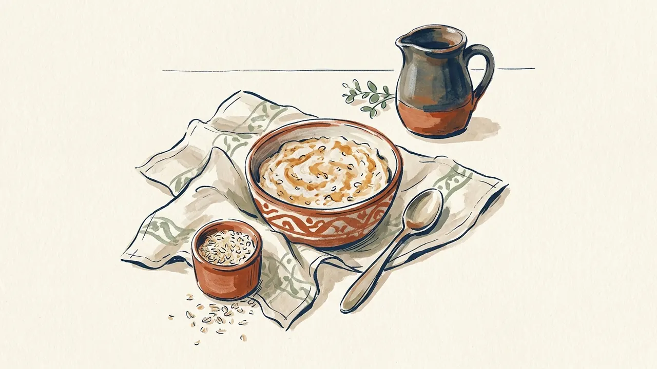 Cuenco de gachas de avena con una cuchara y un pequeño recipiente de copos secos.