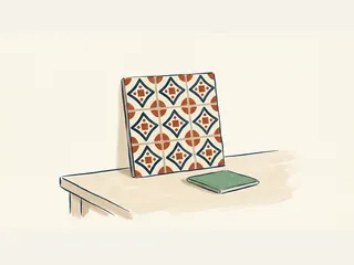 Panel de nueve azulejos geométricos y una pieza verde sobre una mesa