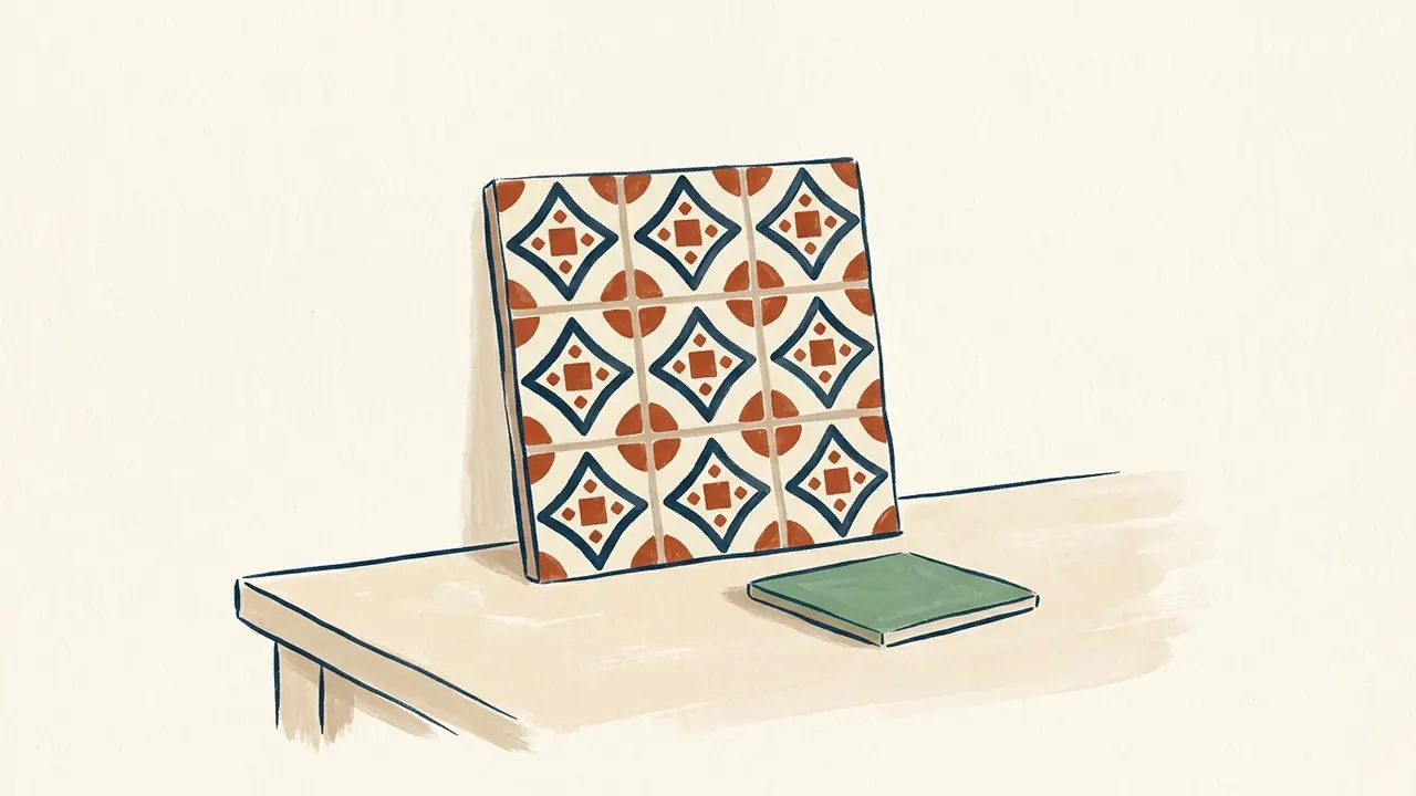 Panel de nueve azulejos geométricos y una pieza verde sobre una mesa
