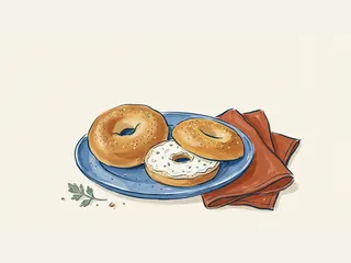 Bagel entero y otro abierto con queso crema sobre un plato azul.