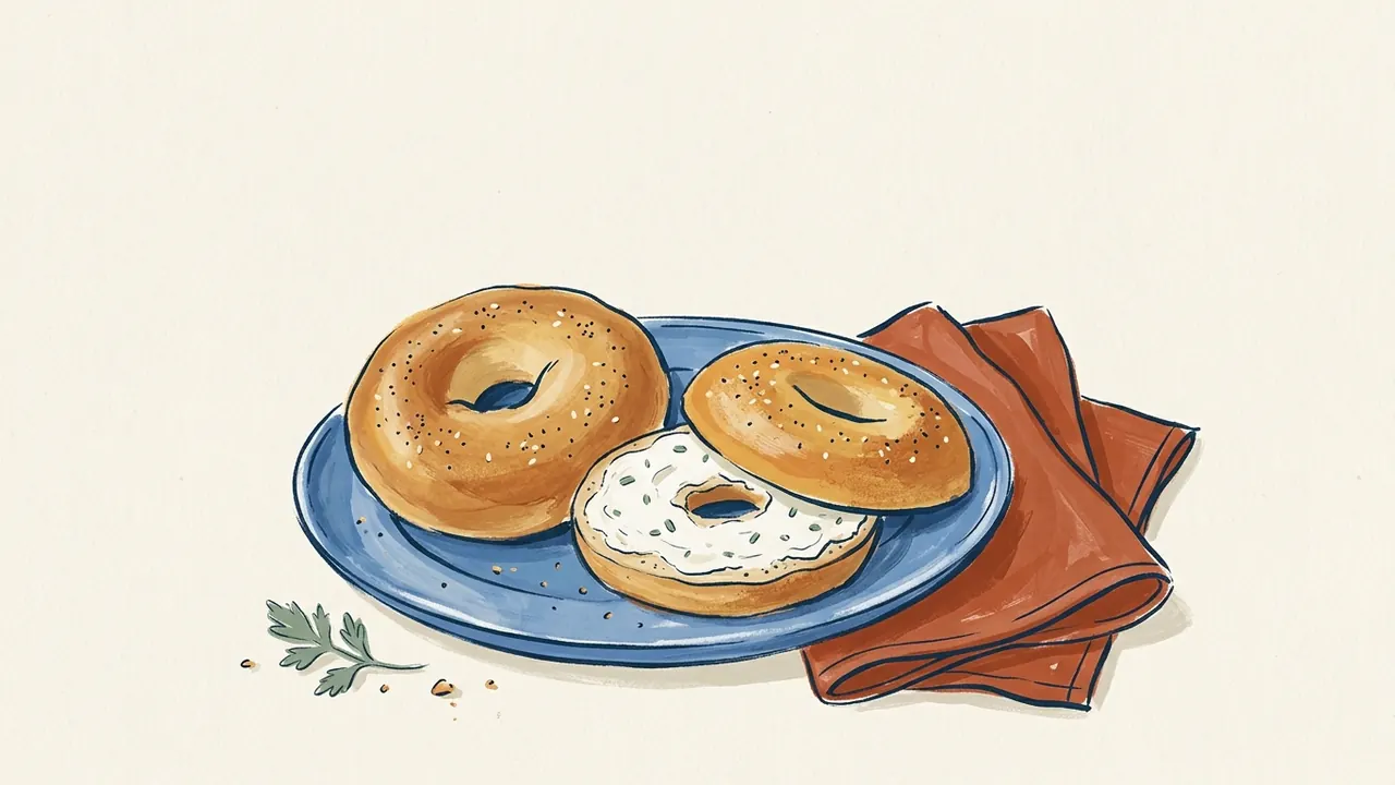 Bagel entero y otro abierto con queso crema sobre un plato azul.