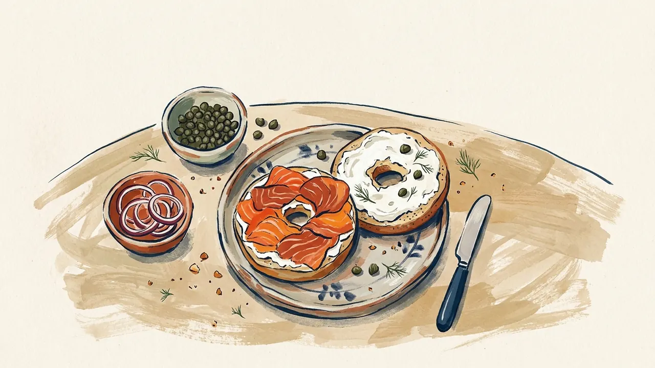Dos mitades de bagel con queso crema y salmón se presentan con alcaparras y aros de cebolla.
