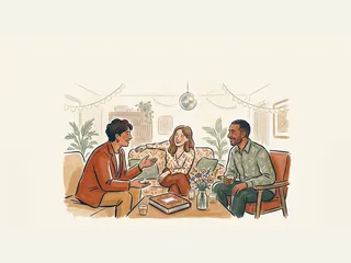 Tres adultos comparten recuerdos de una fiesta junto a un álbum, flores y guirnaldas.