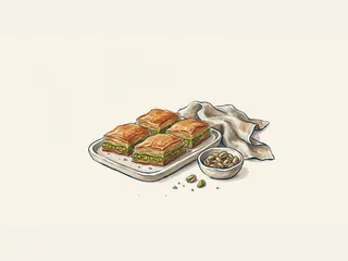 Cuatro porciones de baklava con capas de masa y pistacho sobre una bandeja.