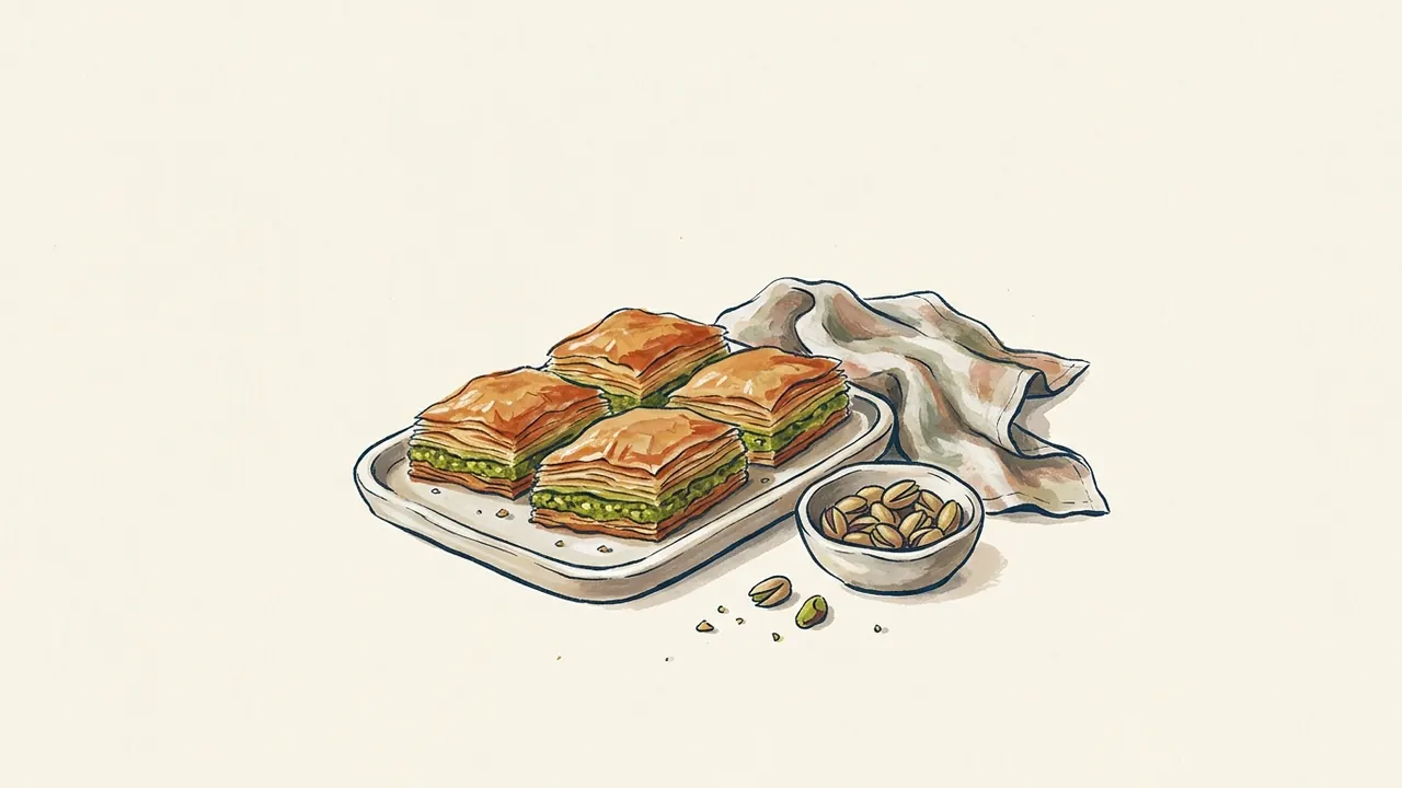 Cuatro porciones de baklava con capas de masa y pistacho sobre una bandeja.