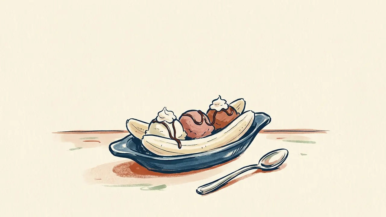 Banana split con tres bolas de helado en un recipiente alargado.
