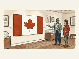 Una guía adulta y una visitante observan la bandera canadiense en un museo.