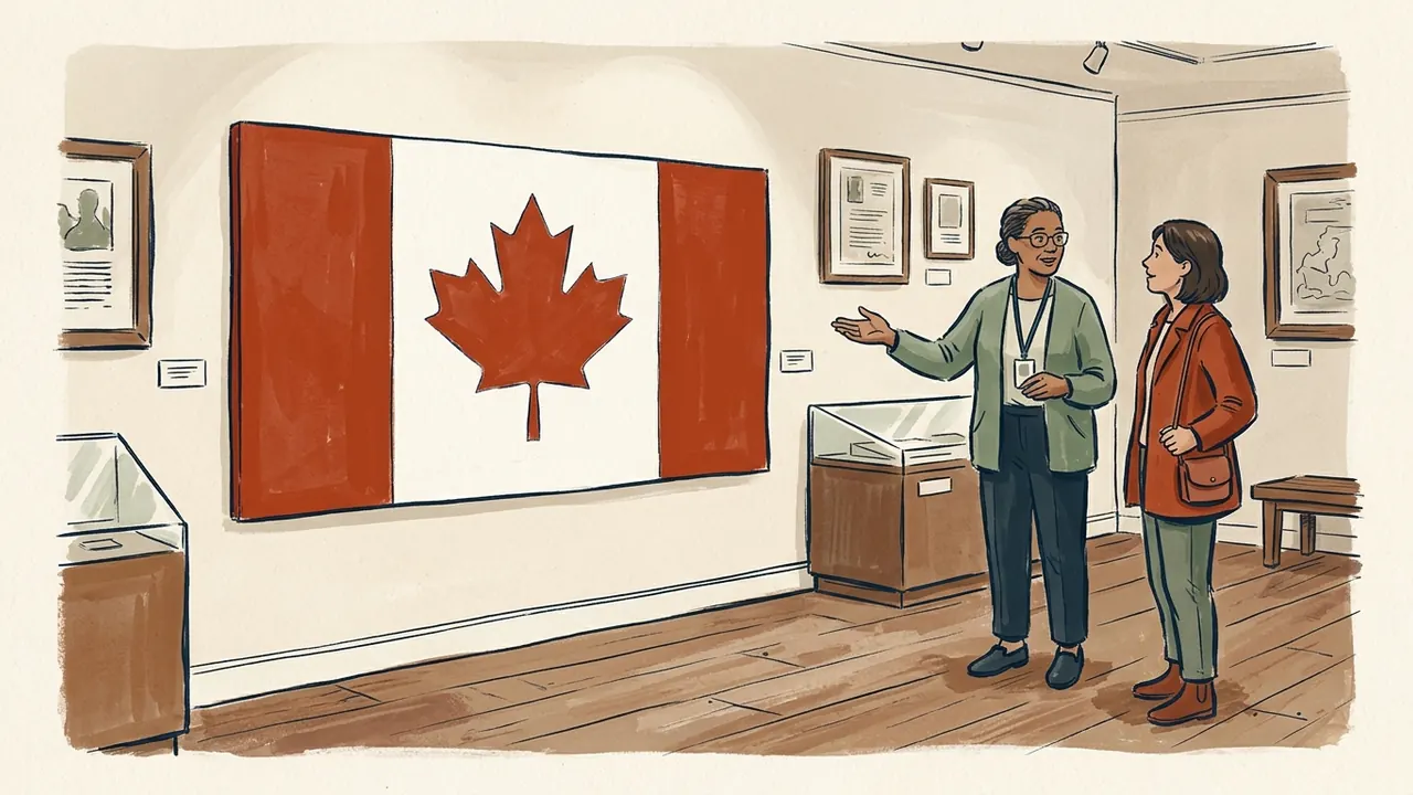 Una guía adulta y una visitante observan la bandera canadiense en un museo.