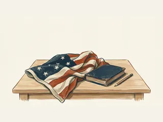 Bandera estadounidense parcialmente plegada junto a un libro cerrado y un lápiz sobre una mesa.