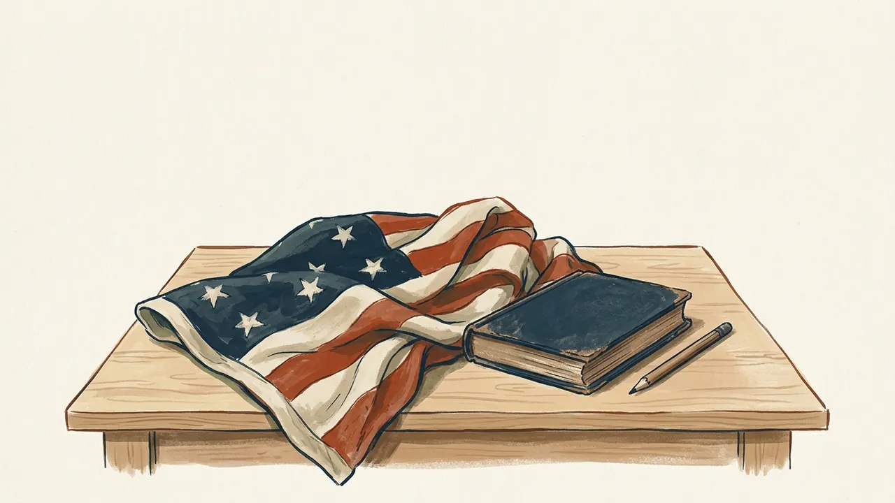 Bandera estadounidense parcialmente plegada junto a un libro cerrado y un lápiz sobre una mesa.
