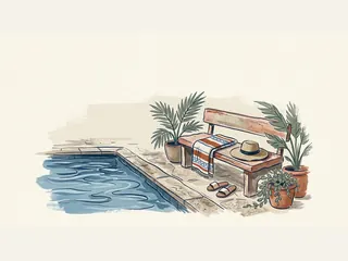 Una toalla y un sombrero reposan en un banco junto a una piscina y unas sandalias.