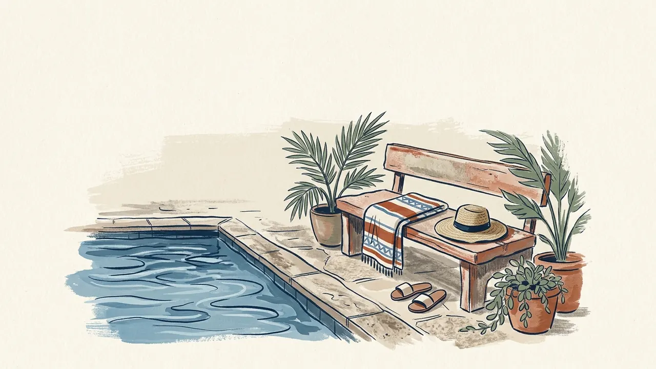 Una toalla y un sombrero reposan en un banco junto a una piscina y unas sandalias.