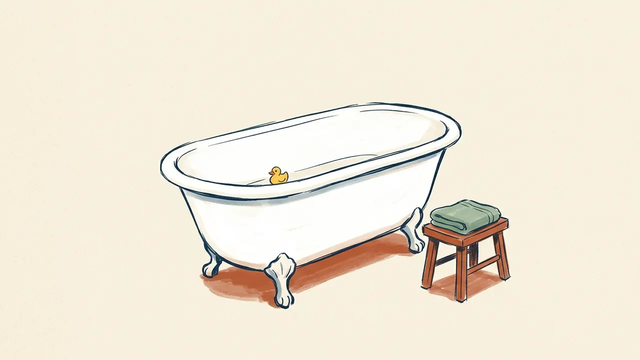 Bañera blanca con un patito de juguete y un taburete de madera con una toalla verde doblada.