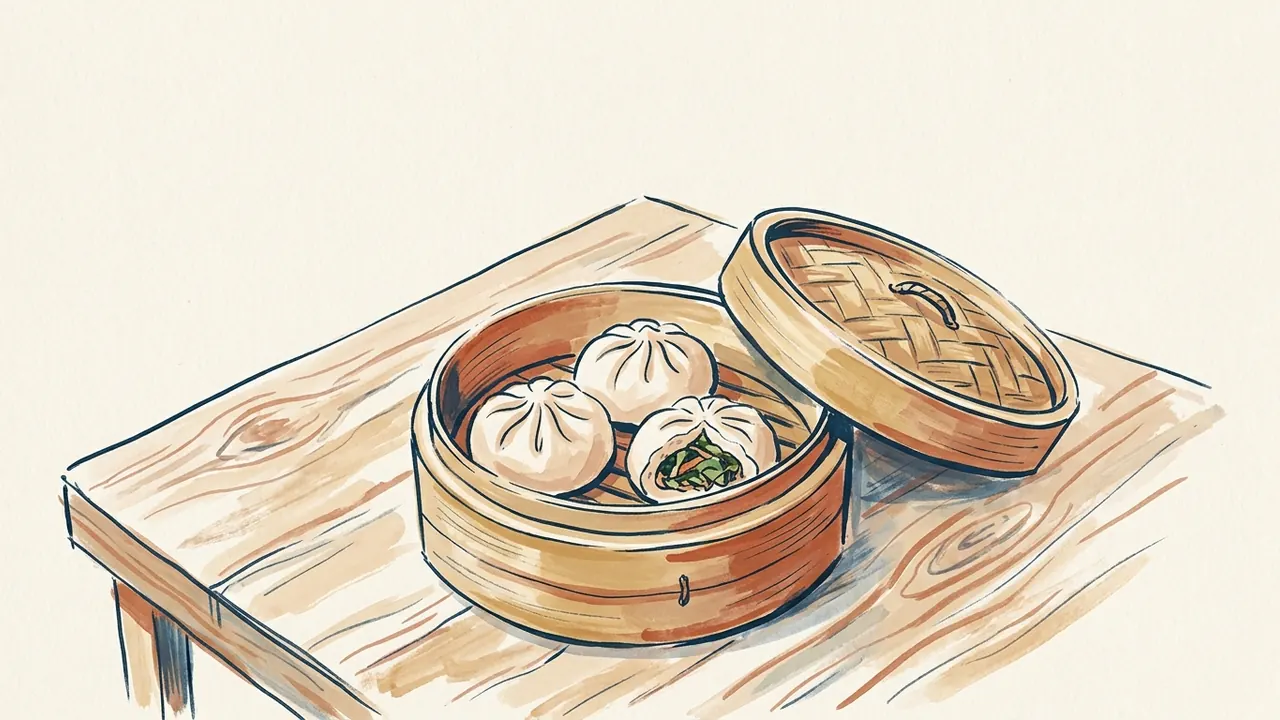 Tres bollos bao en una vaporera de bambú abierta, uno con relleno vegetal visible.