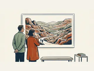 Dos personas contemplan una ilustración de un camino entre colinas rocosas con pequeñas figuras caminando.
