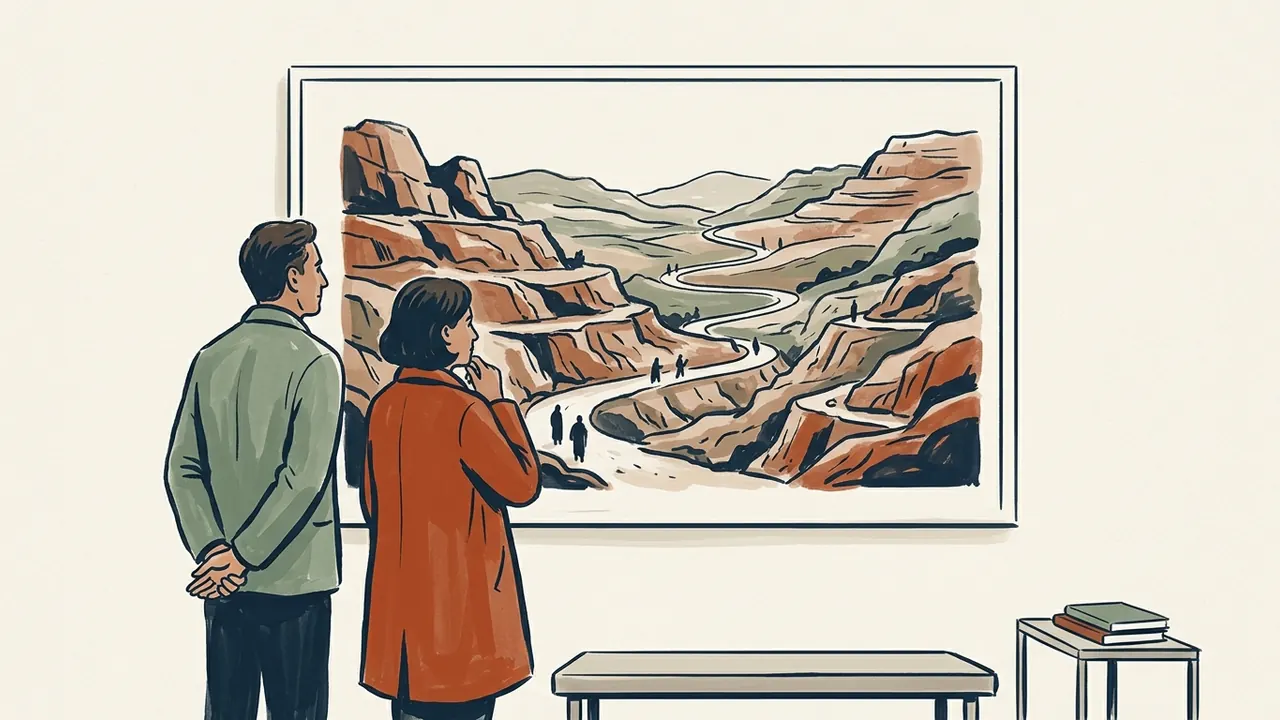 Dos personas contemplan una ilustración de un camino entre colinas rocosas con pequeñas figuras caminando.