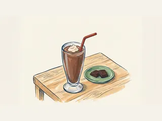 Vaso de batido de chocolate con nata y pajita junto a un plato con dos trozos de chocolate.
