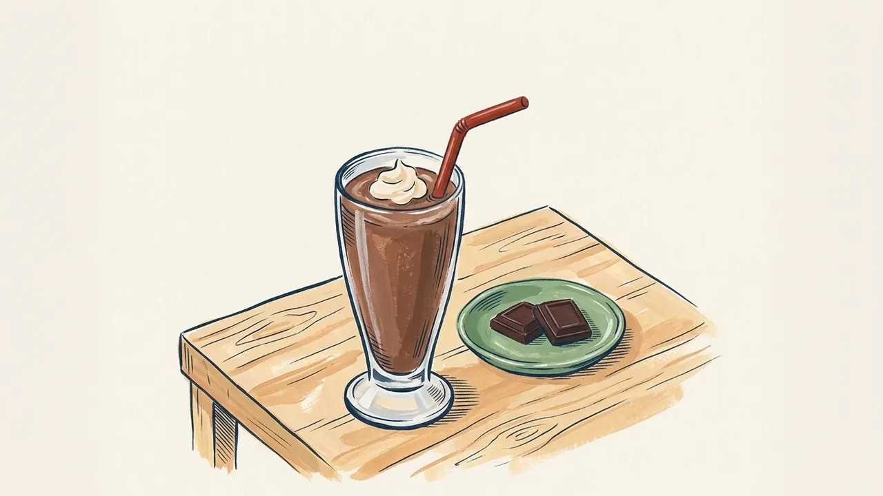 Vaso de batido de chocolate con nata y pajita junto a un plato con dos trozos de chocolate.