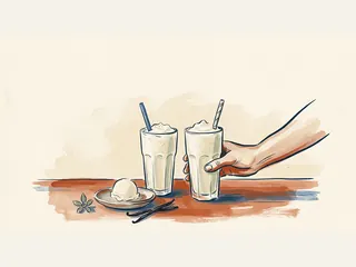Una mano acerca un vaso de batido de vainilla junto a otro vaso, helado y vainas de vainilla.