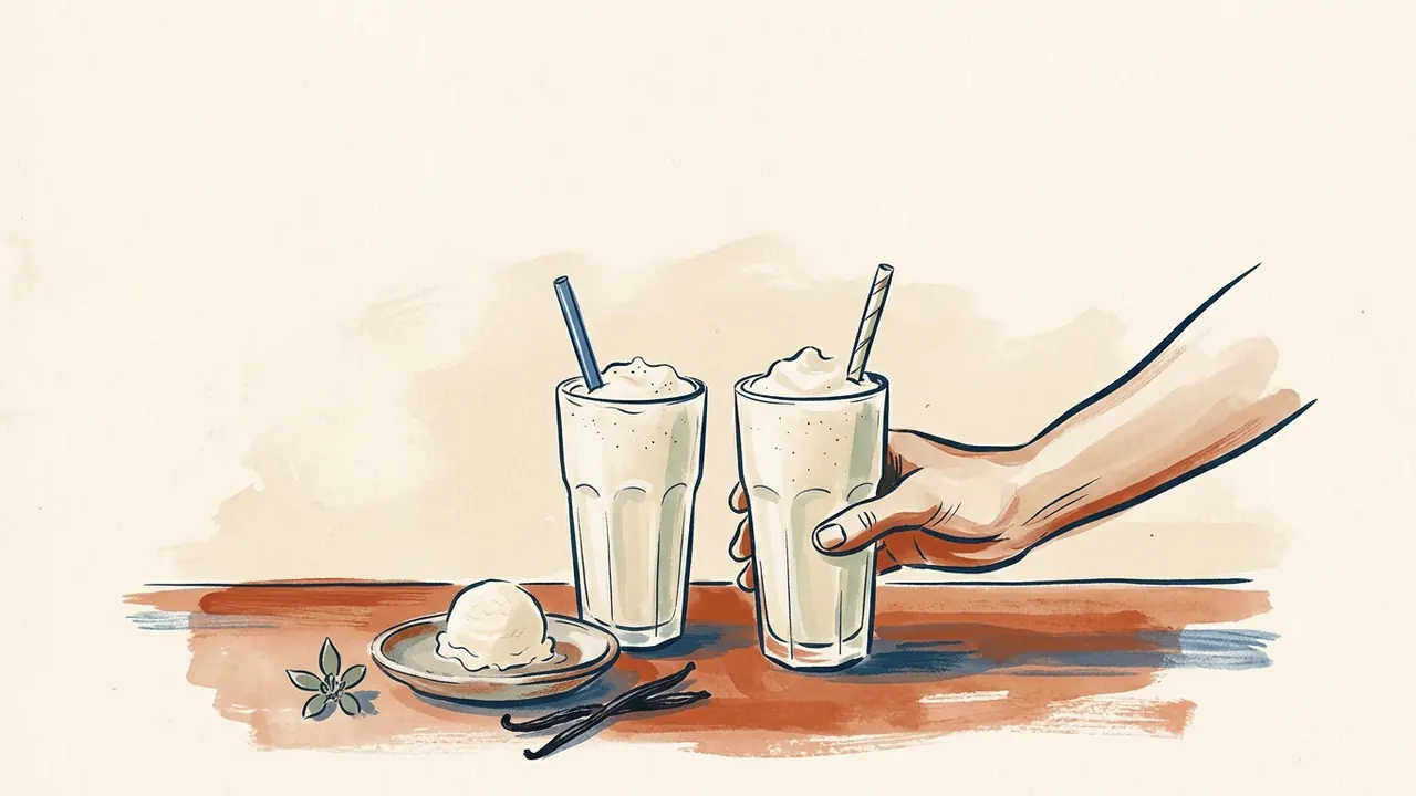 Una mano acerca un vaso de batido de vainilla junto a otro vaso, helado y vainas de vainilla.