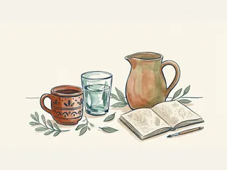Taza, vaso de agua y jarra de cerámica junto a un cuaderno con dibujos de hojas.