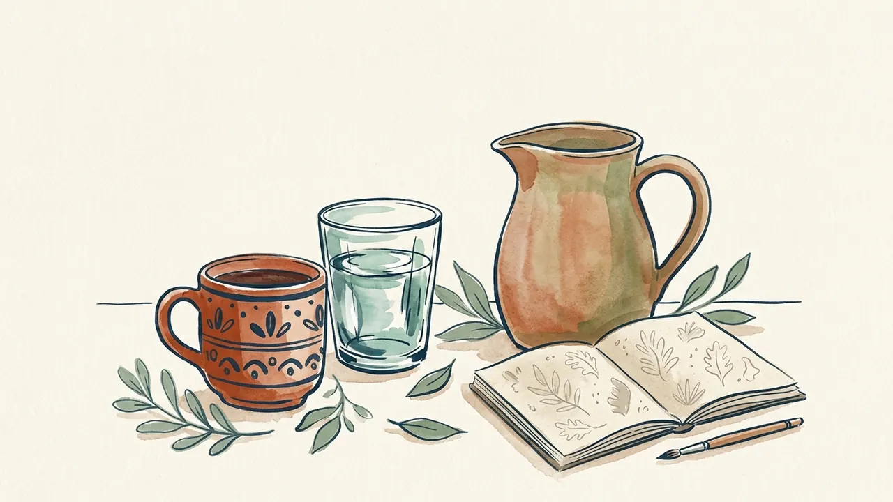 Taza, vaso de agua y jarra de cerámica junto a un cuaderno con dibujos de hojas.