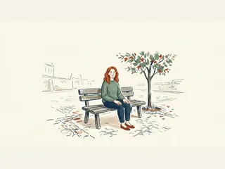 Mujer adulta pelirroja con jersey verde, sentada en un banco de una plaza junto a un árbol.