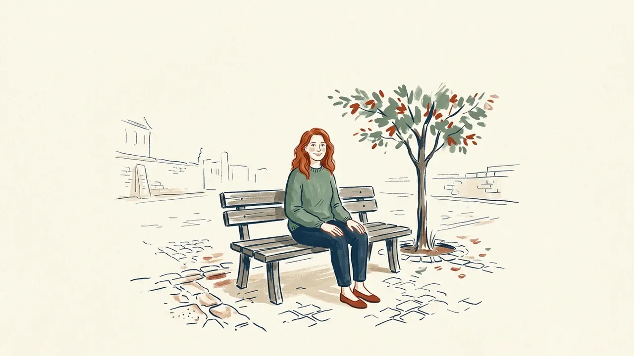Mujer adulta pelirroja con jersey verde, sentada en un banco de una plaza junto a un árbol.