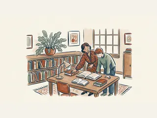 Una bibliotecaria orienta a un estudiante ante varios libros abiertos en una biblioteca escolar.