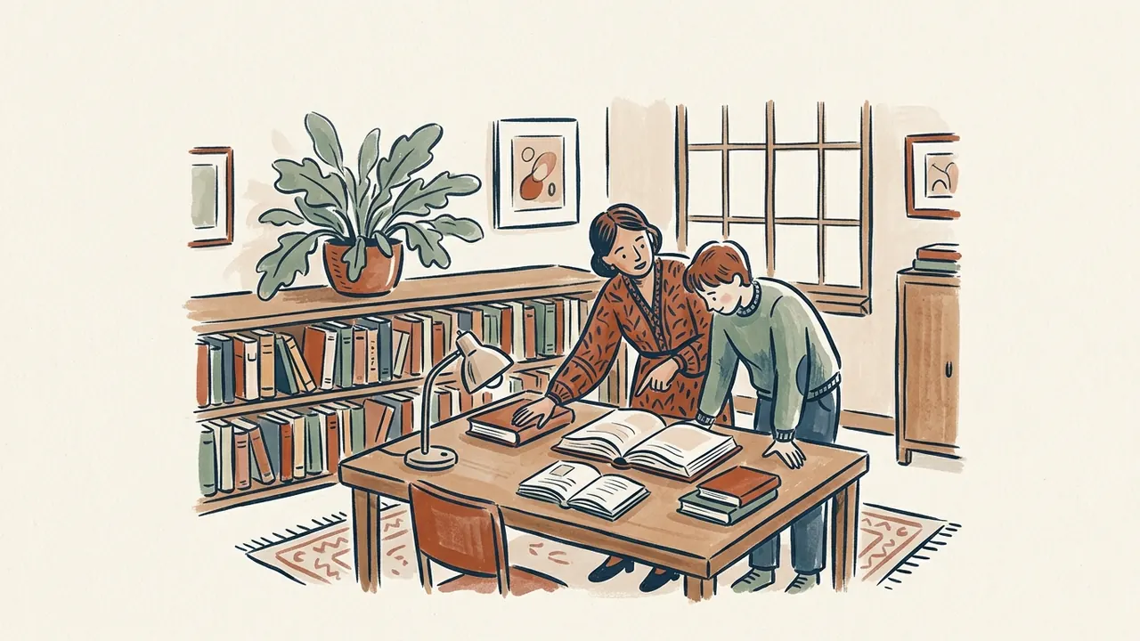 Una bibliotecaria orienta a un estudiante ante varios libros abiertos en una biblioteca escolar.