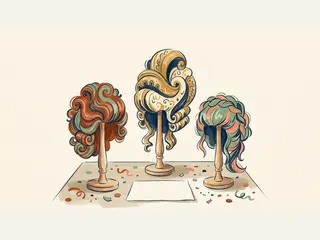 Tres pelucas teatrales de colores reposan en soportes de madera sobre una mesa con confeti.