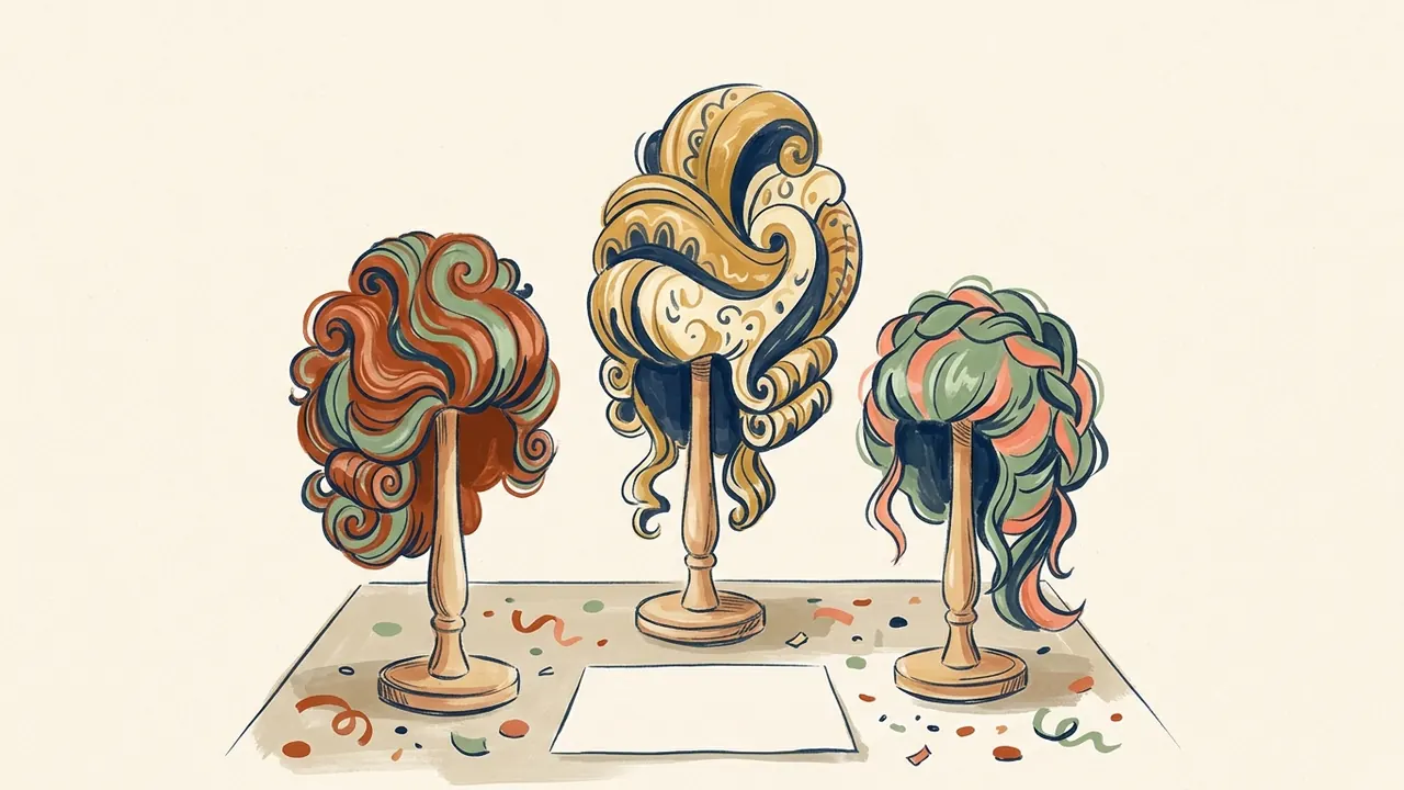 Tres pelucas teatrales de colores reposan en soportes de madera sobre una mesa con confeti.