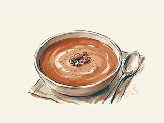 Cuenco de bisque de marisco con un crustáceo decorativo y una cuchara.