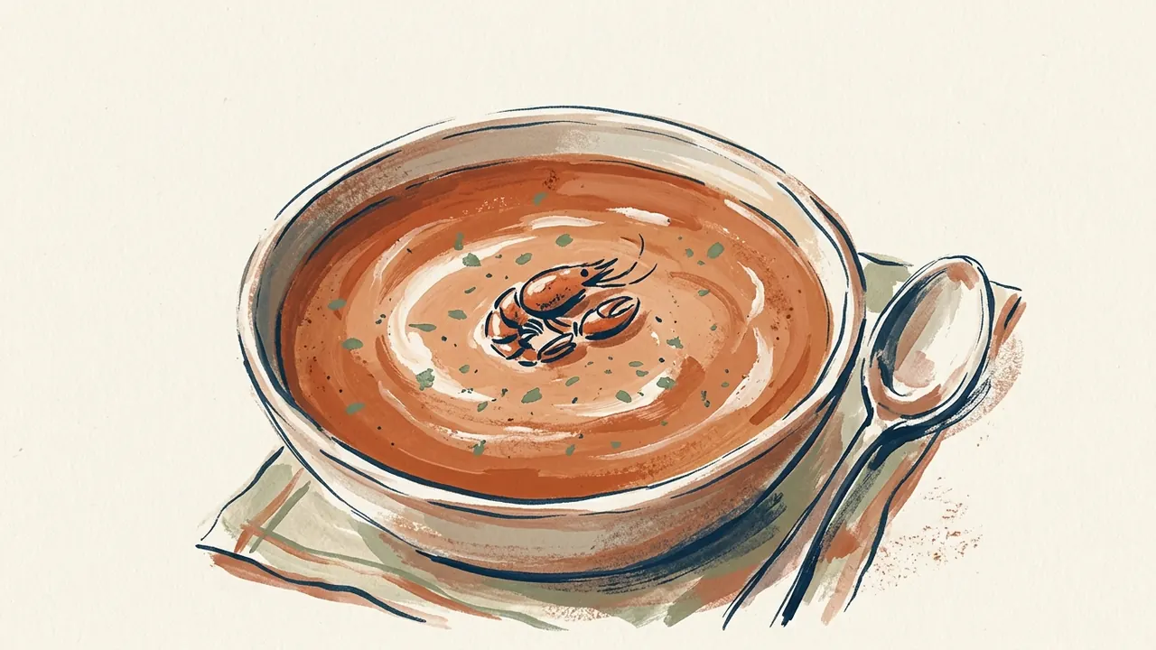 Cuenco de bisque de marisco con un crustáceo decorativo y una cuchara.