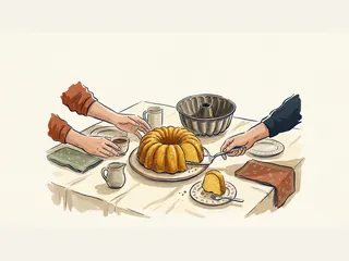 Un bizcocho bundt, una porción y su molde acanalado se presentan en una mesa de merienda.