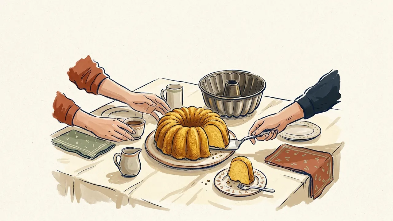 Un bizcocho bundt, una porción y su molde acanalado se presentan en una mesa de merienda.