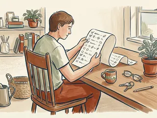 Una persona revisa una lista con dibujos junto a objetos domésticos sobre una mesa.
