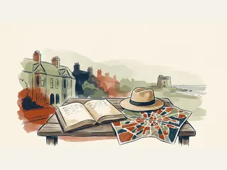 Un libro abierto, un sombrero de paja y un mapa urbano abstracto reposan en una mesa ante casas y una torre costera sugeridas.