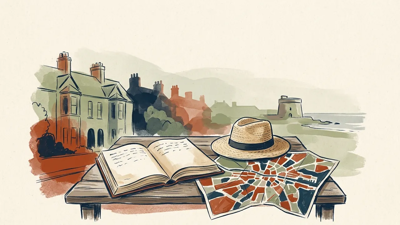Un libro abierto, un sombrero de paja y un mapa urbano abstracto reposan en una mesa ante casas y una torre costera sugeridas.