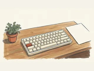 Teclado sin caracteres con una tecla de color teja, una planta y una hoja en blanco sobre un escritorio.